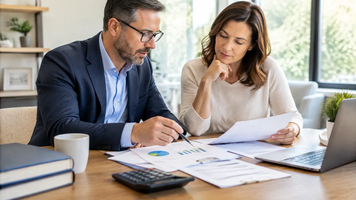 A man and woman review financial charts and paperwork together at a desk.