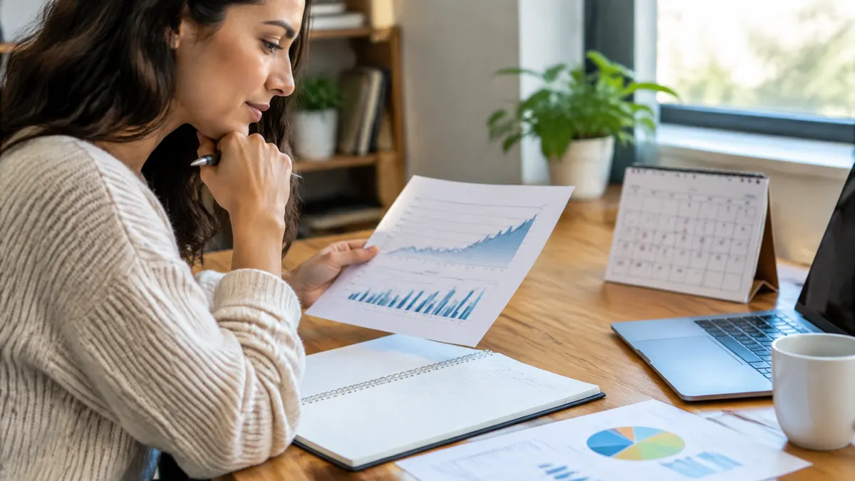 Woman studies investment charts at a desk beside a laptop and notebook.
