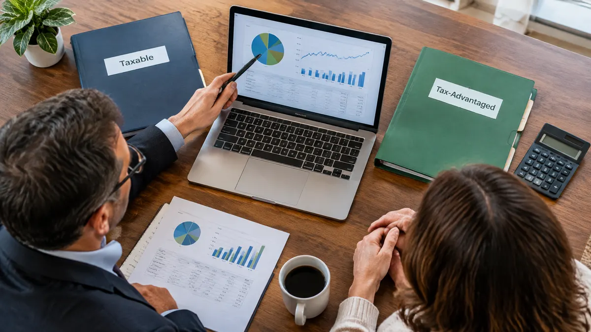 Two people compare investment charts beside folders labeled Taxable and Tax-Advantaged.