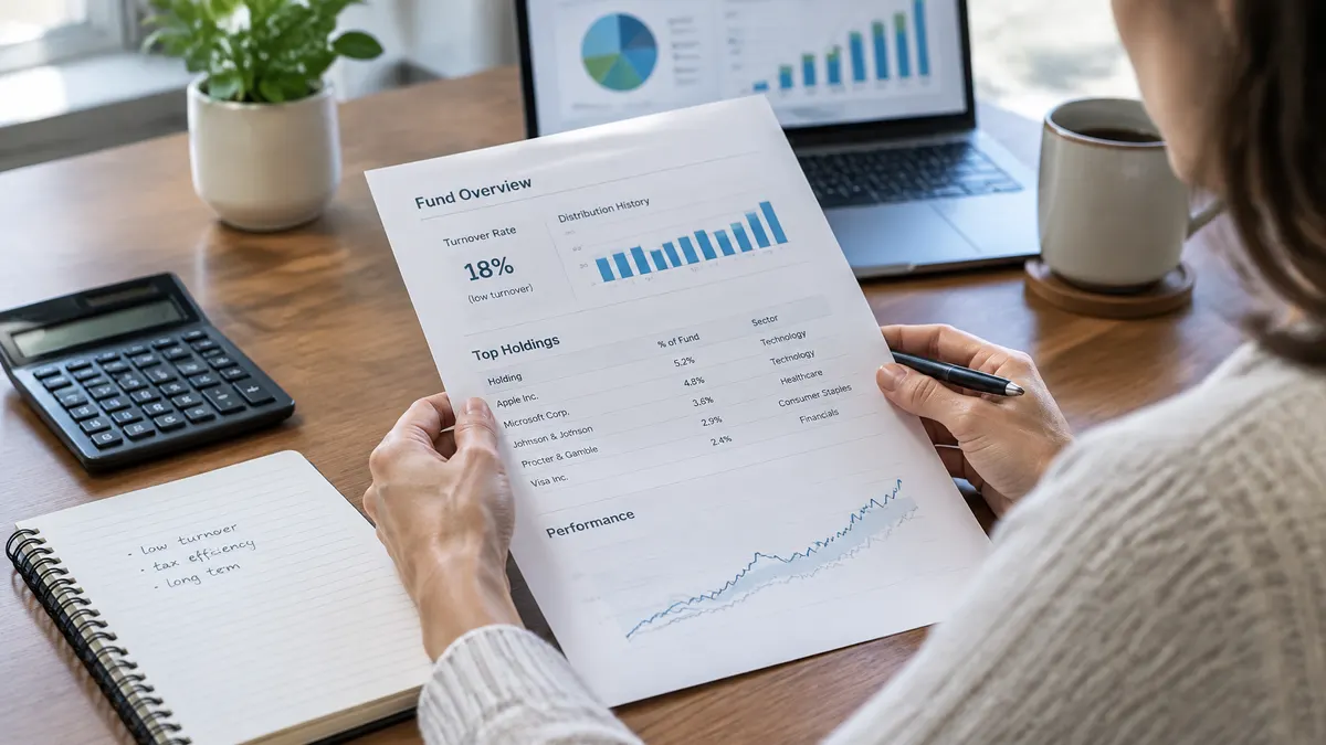 A person reviews a fund report showing turnover, distributions, holdings, and performance charts.