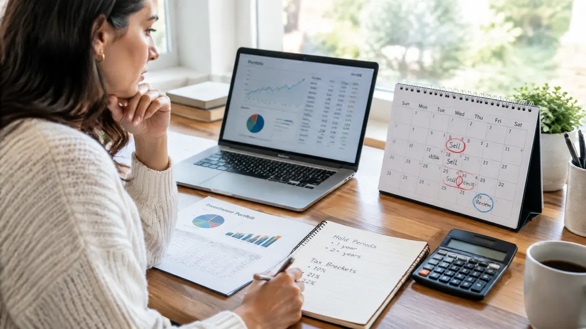 A woman plans investment sale dates using portfolio charts, a marked calendar, and notes on holding periods and tax brackets.