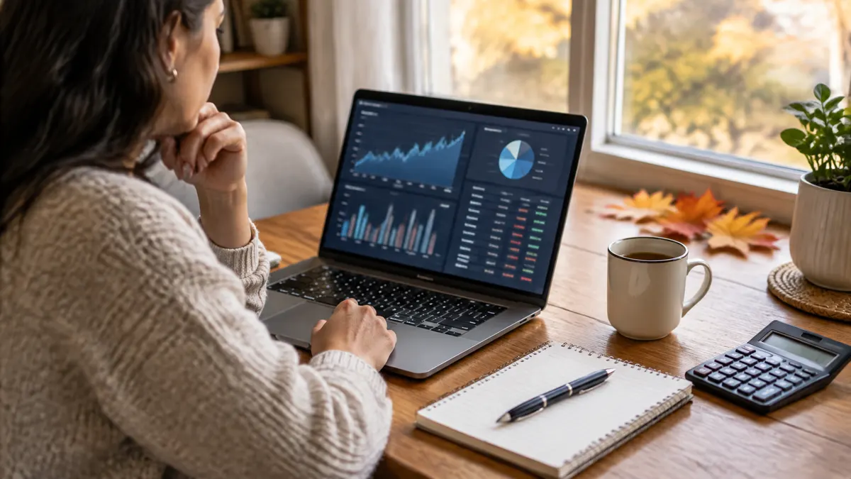 Woman reviewing investment charts on a laptop at her desk