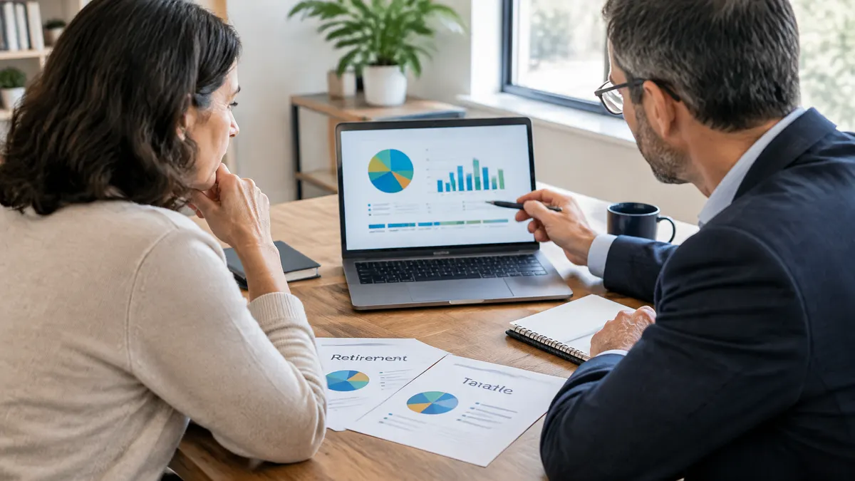 A financial adviser reviews portfolio charts with a woman at a desk.