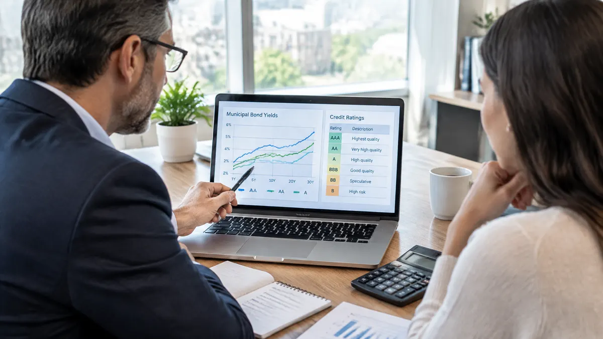An adviser discusses municipal bond yields and credit ratings with a client using a laptop.
