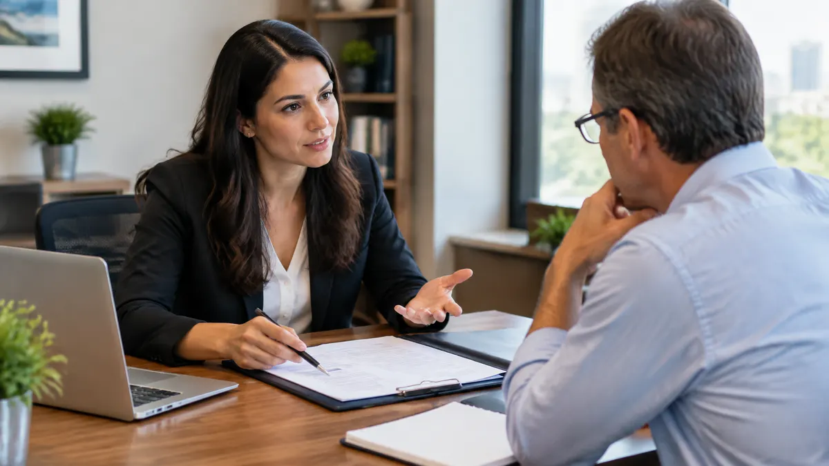A financial advisor discusses a document with a client across her desk.