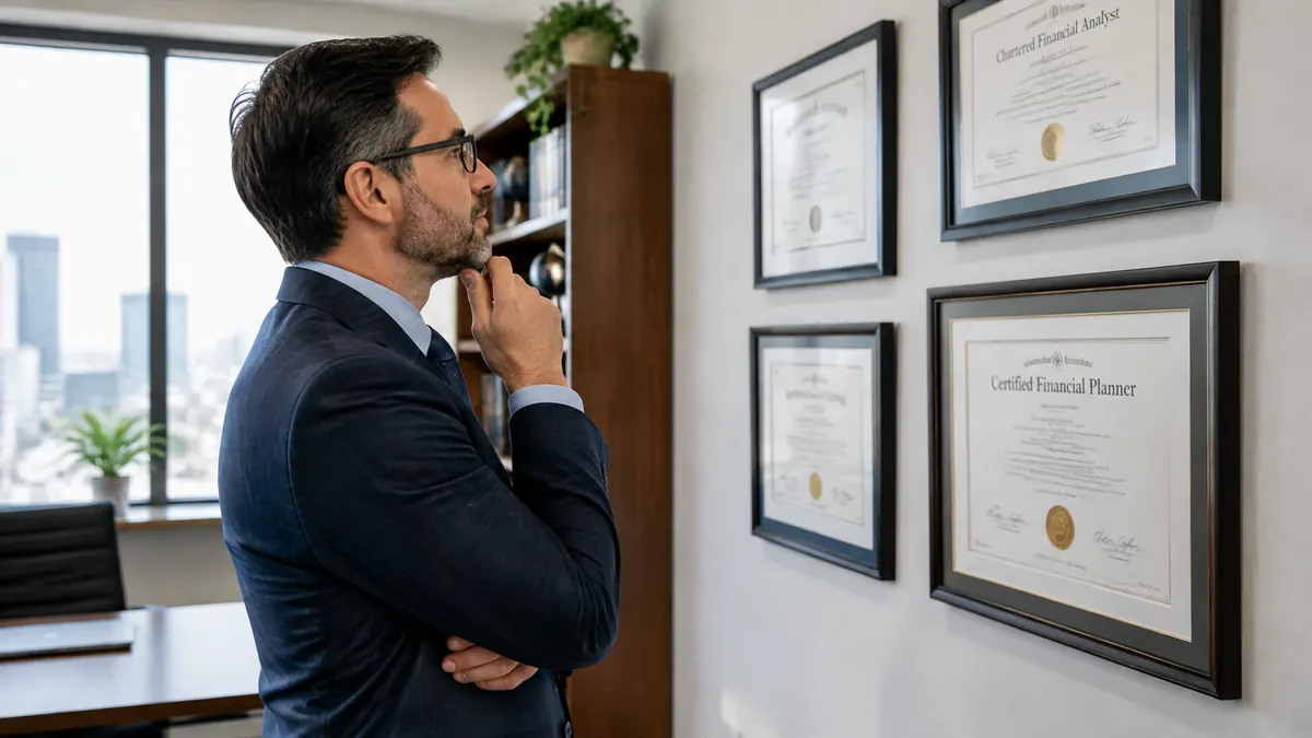 A suited man examines framed financial advisor certificates in an office.