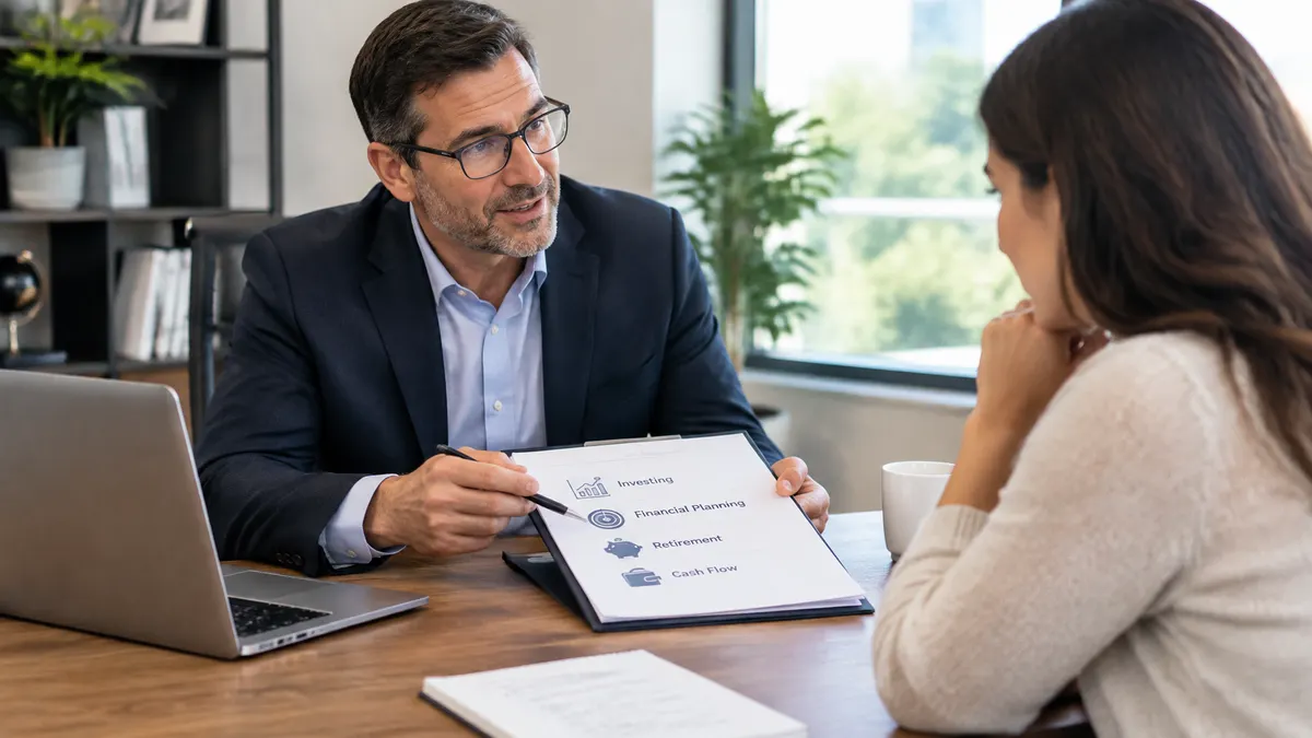 Financial advisor explains investing, planning, retirement, and cash flow services to a client.