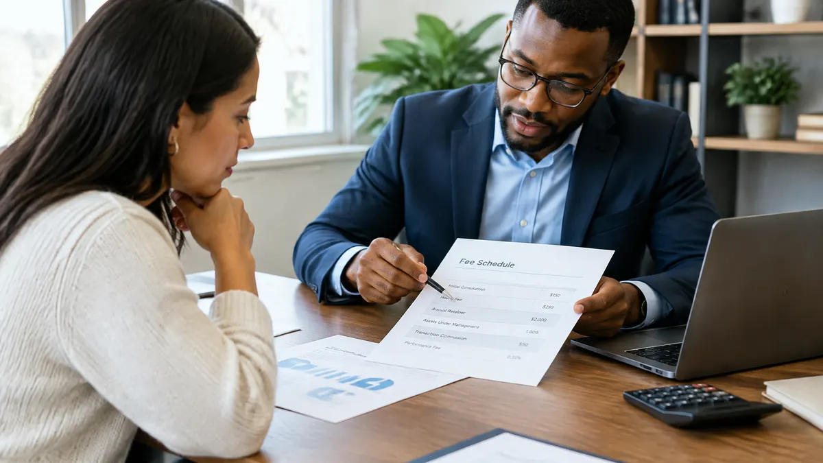 An advisor points to a fee schedule while discussing it with a client.
