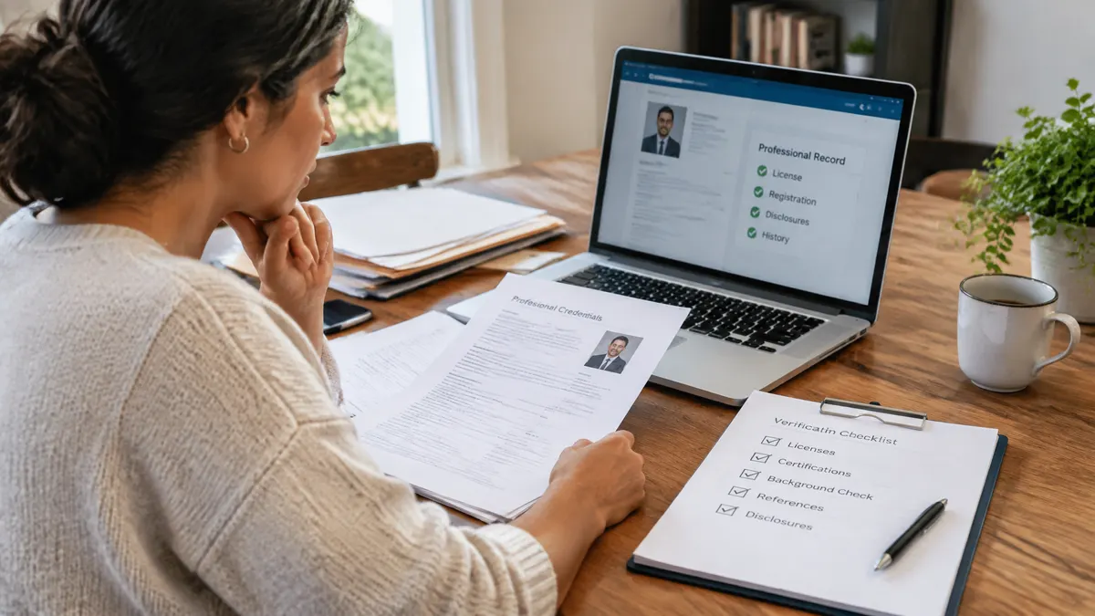 Photorealistic scene of a homeowner reviewing a professional advisor’s credentials and references at a desk