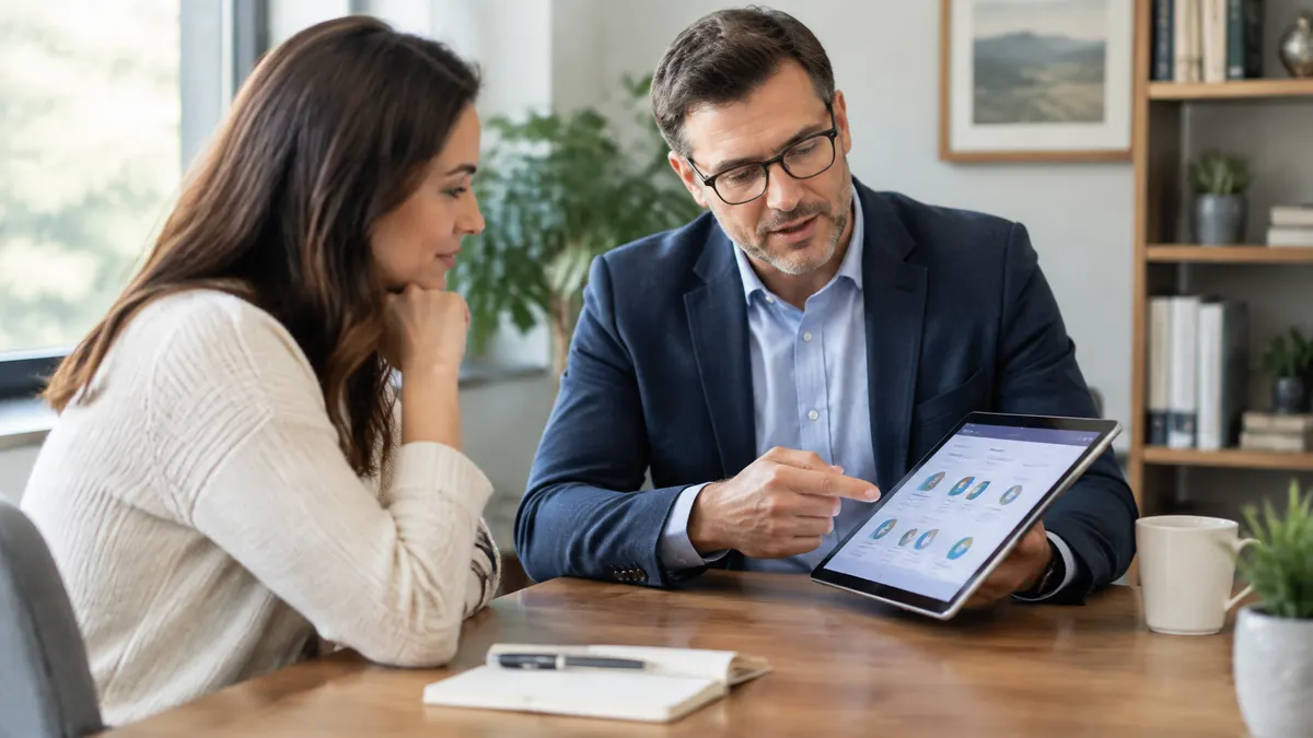 A financial advisor discusses charts on a tablet with a client.