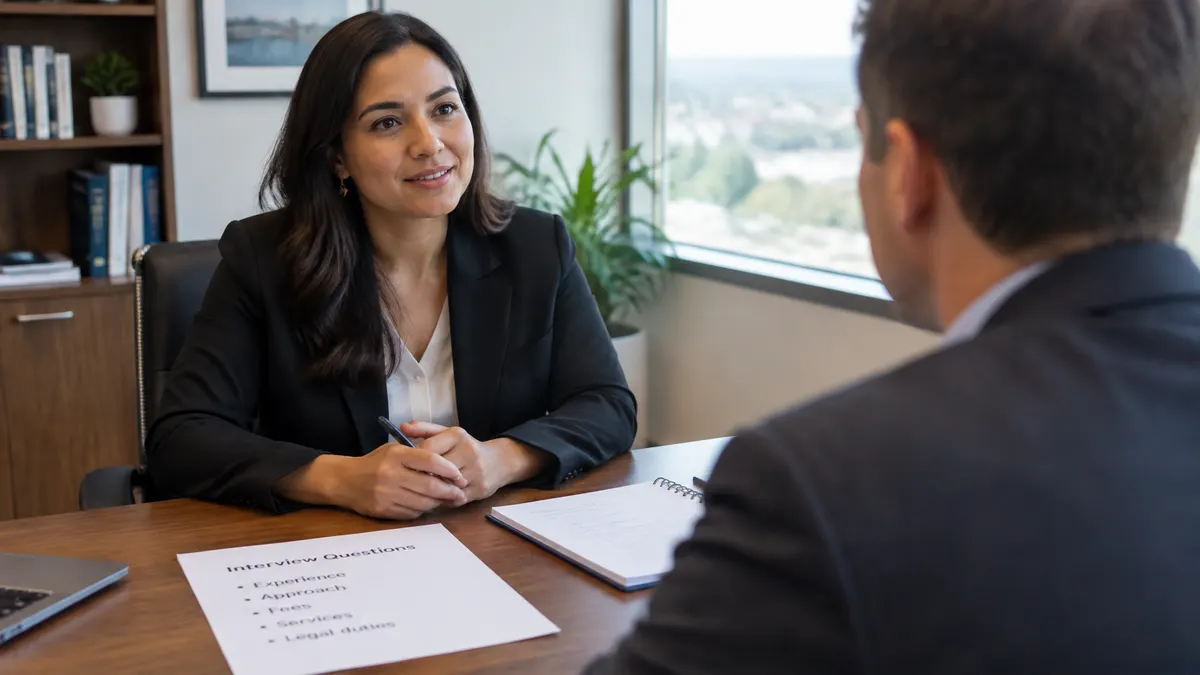 An advisor takes notes while meeting a client, with interview questions on the desk.