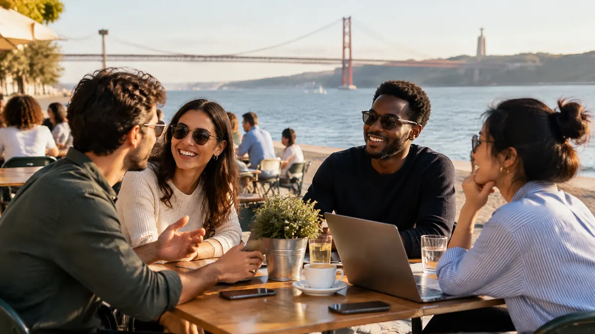 People gather around a laptop at a waterfront café beneath a red suspension bridge.