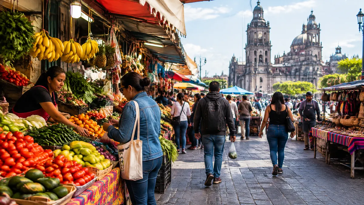 Shoppers browse a produce market in a plaza with a cathedral in the background.