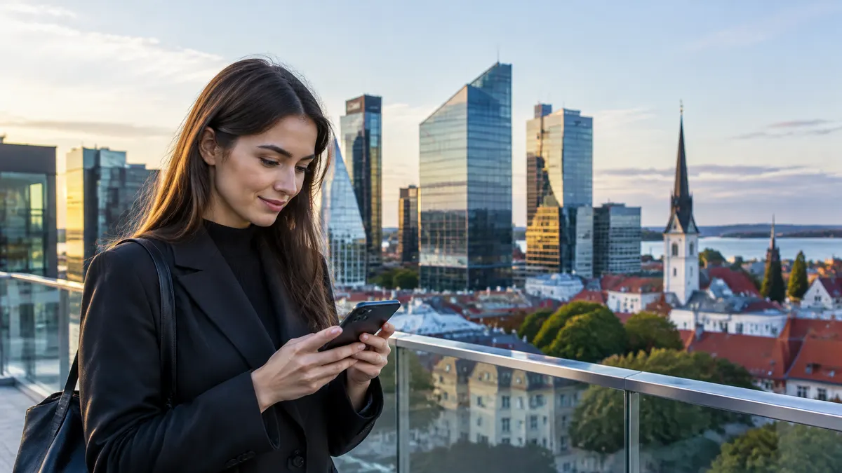 Woman checking her phone above Tallinn’s mix of modern towers and historic rooftops.