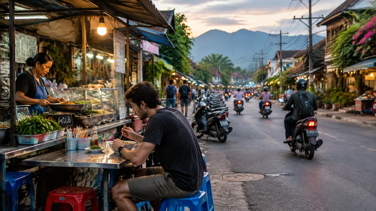 A man eats street food beside a busy scooter-filled street with mountains beyond.