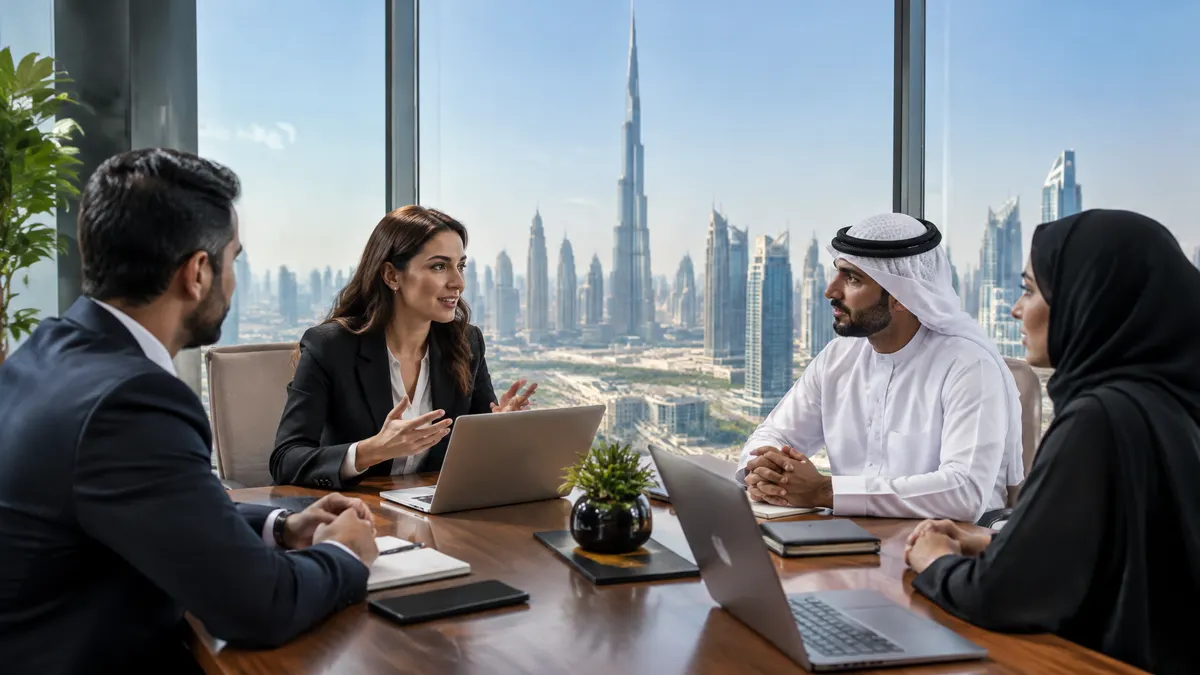 Professionals meet in a Dubai office overlooking the Burj Khalifa.