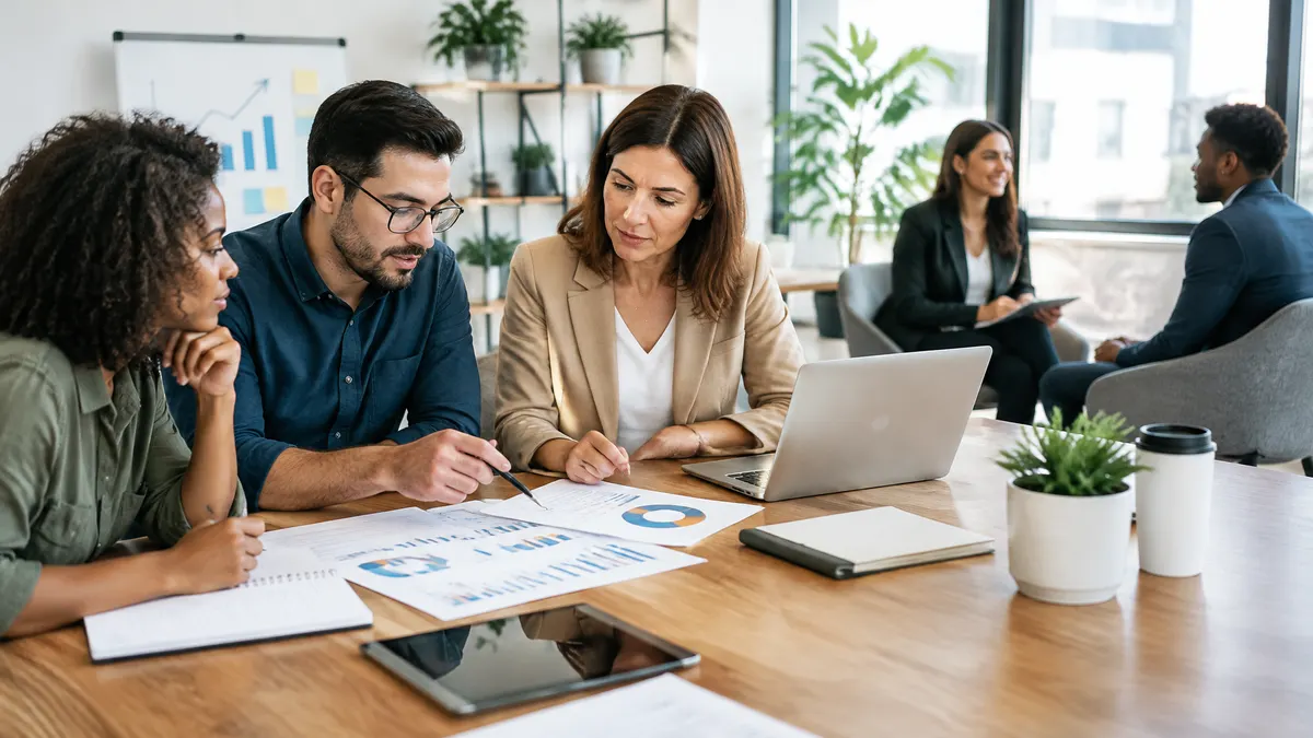 Photorealistic scene of a small-business owner reviewing a growth plan with a marketing team