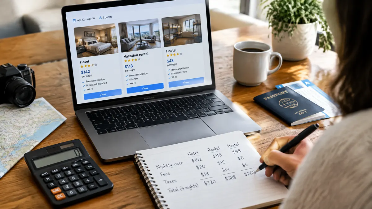 Traveler compares lodging listings and four-night costs on a laptop and notebook.