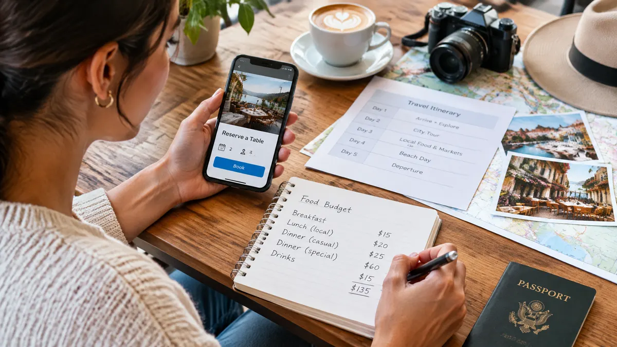 Woman writing a travel food budget beside an itinerary and restaurant booking app.