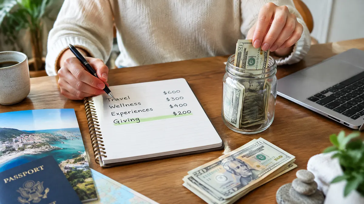 A person budgets for travel and experiences in a notebook beside cash, a passport, and a laptop.