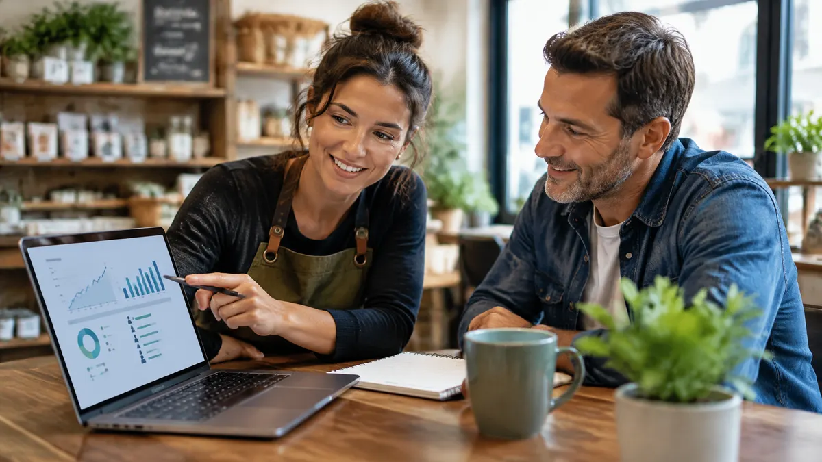 Photographic image of a small business owner reviewing customer retention and steady growth charts