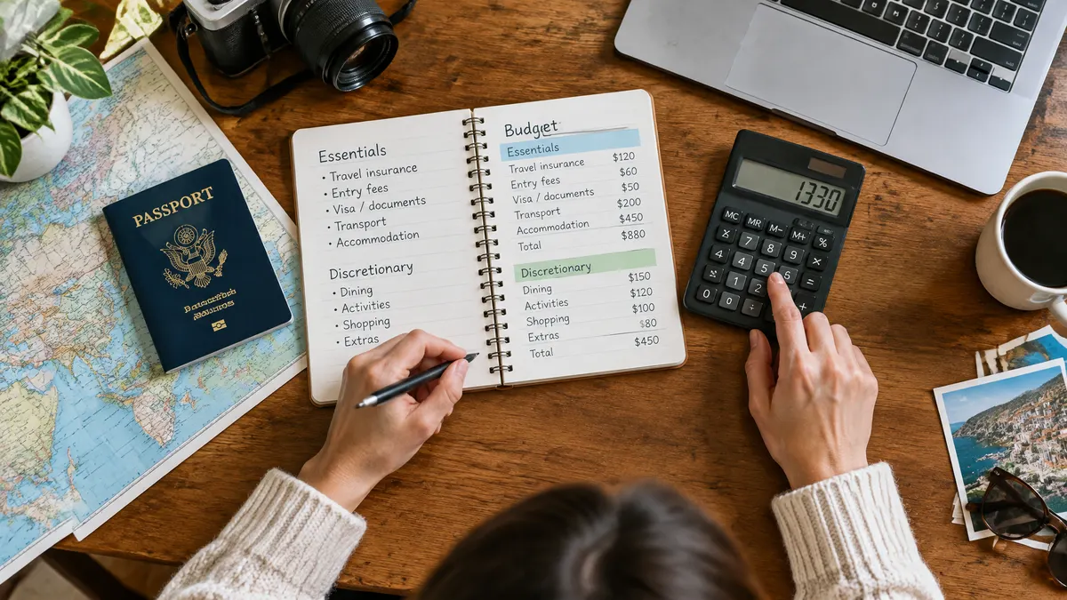 A traveler budgets insurance, entry fees, and other trip costs in a notebook.