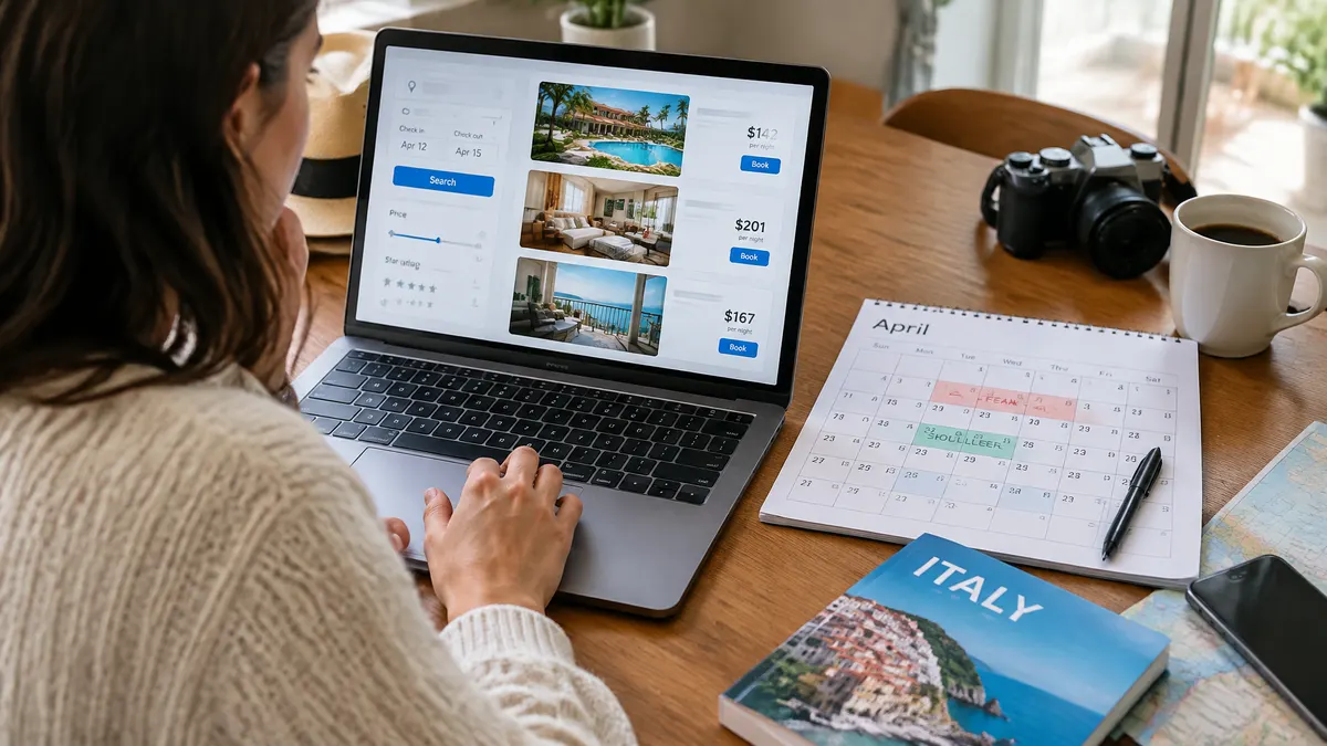Woman compares hotel prices on a laptop while planning travel dates on an April calendar.