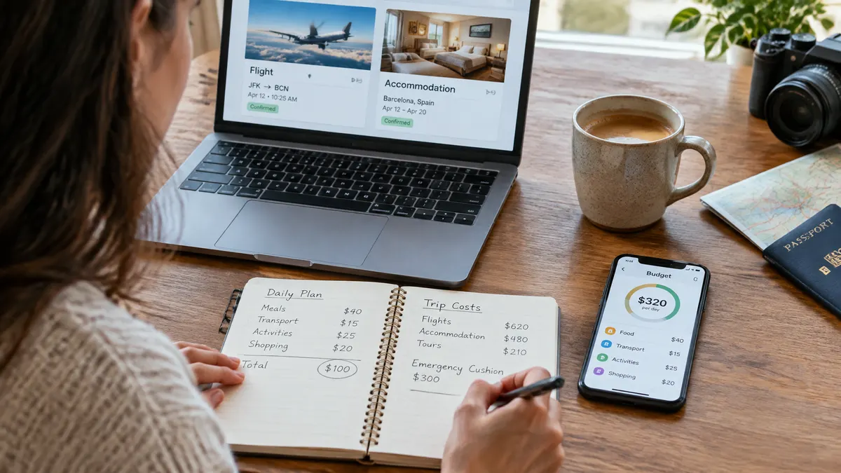 Traveler divides trip costs and daily spending in a notebook beside a laptop and budget app.