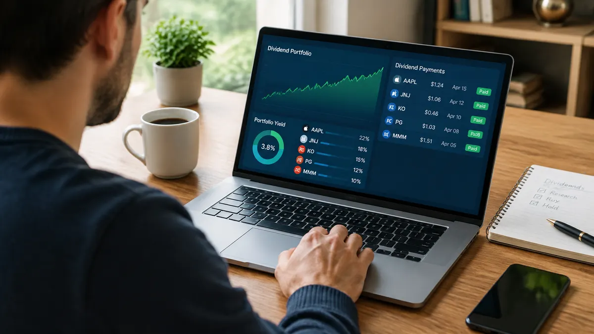 Person checking dividend portfolio and payment details on a laptop