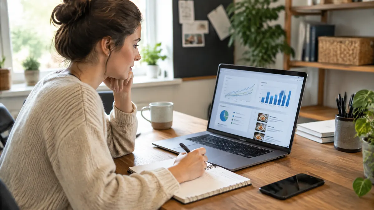 Woman reviews charts on a laptop and takes notes at a desk.