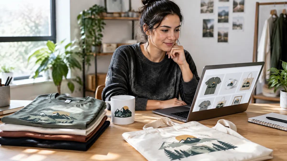 Woman reviews mountain-themed shirts, mugs, and bags on a laptop