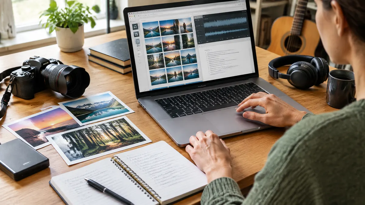 A person organizes landscape photos and audio files on a laptop beside a camera and printed photographs.