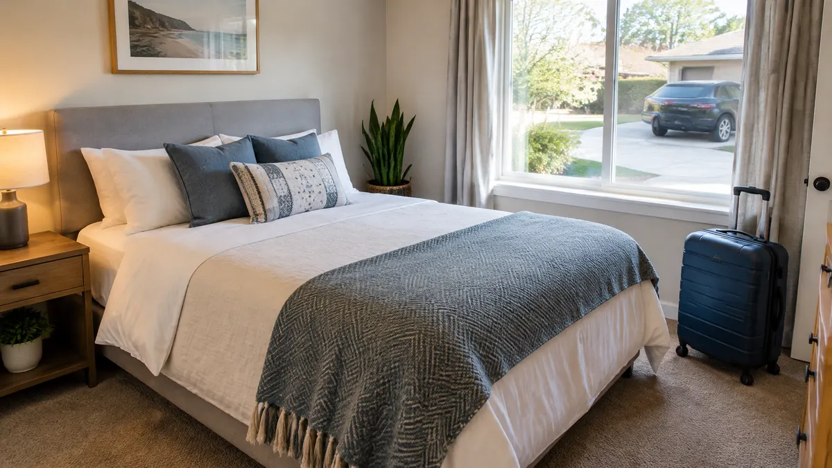 A tidy guest bedroom with a suitcase beside the bed and a car outside the window.