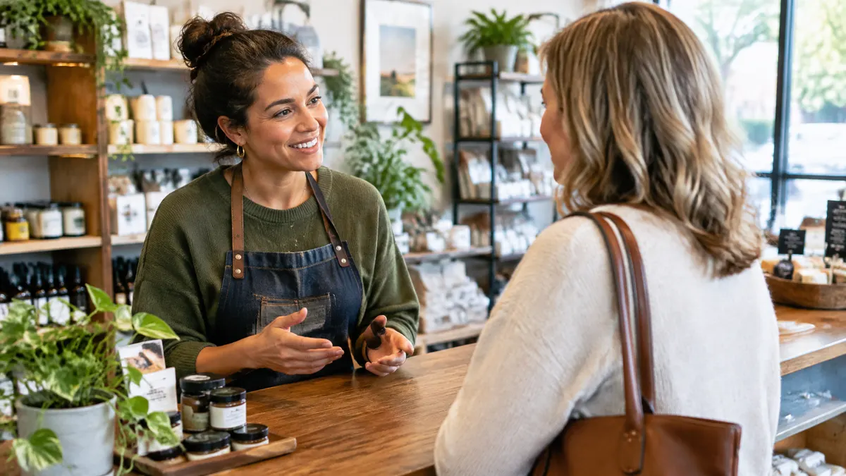 Photographic image of a small business owner having a thoughtful conversation with a returning customer in a welcoming shop