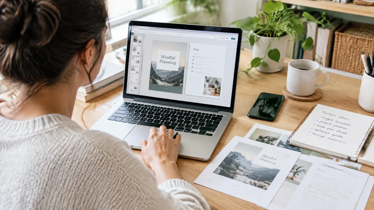 A woman works on a digital planner design beside printed pages and a notebook of product ideas.