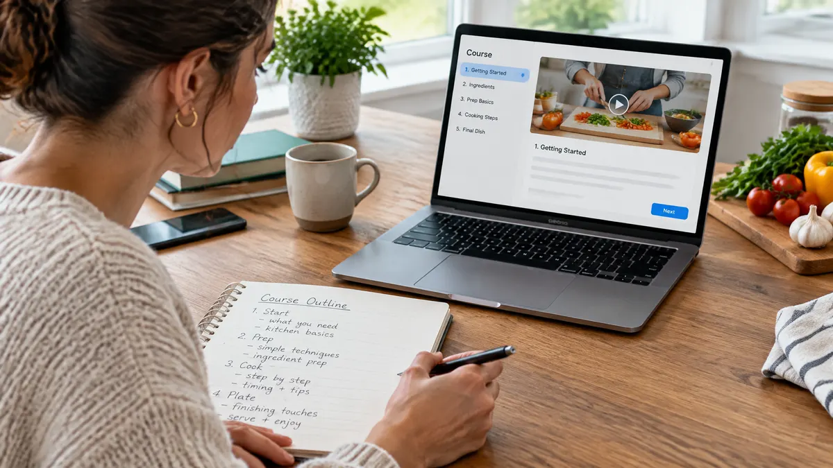 Woman outlining a cooking course beside a laptop showing an online cooking lesson