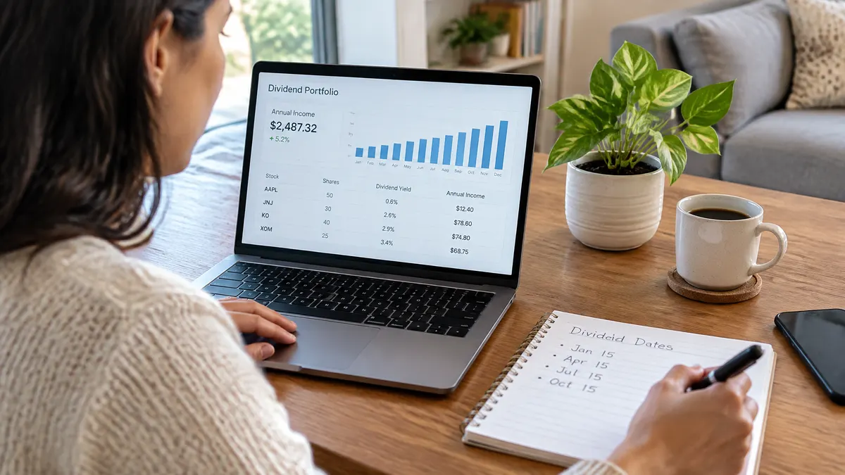 Person reviews dividend investments on a laptop while noting payment dates in a notebook.