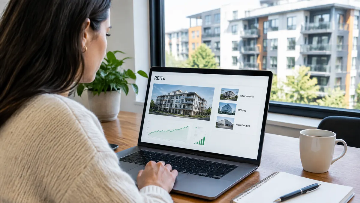 Woman viewing a REIT dashboard on a laptop beside a window overlooking apartment buildings.