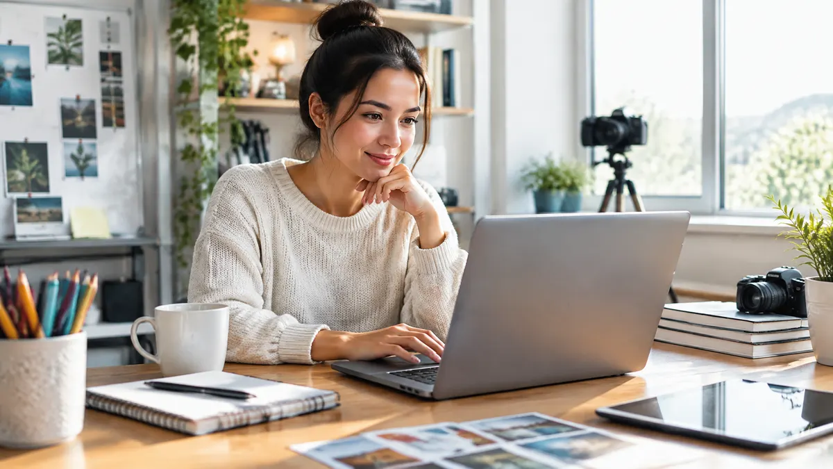 A woman types on a laptop at a bright creative studio desk.