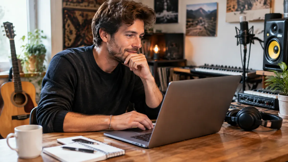 Man working at a laptop in a music studio surrounded by instruments and recording equipment.