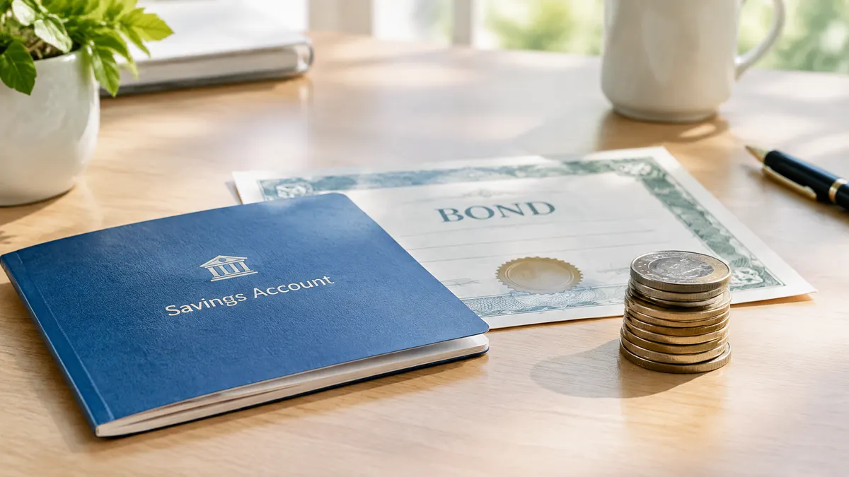 Savings account booklet and bond document beside a stack of coins