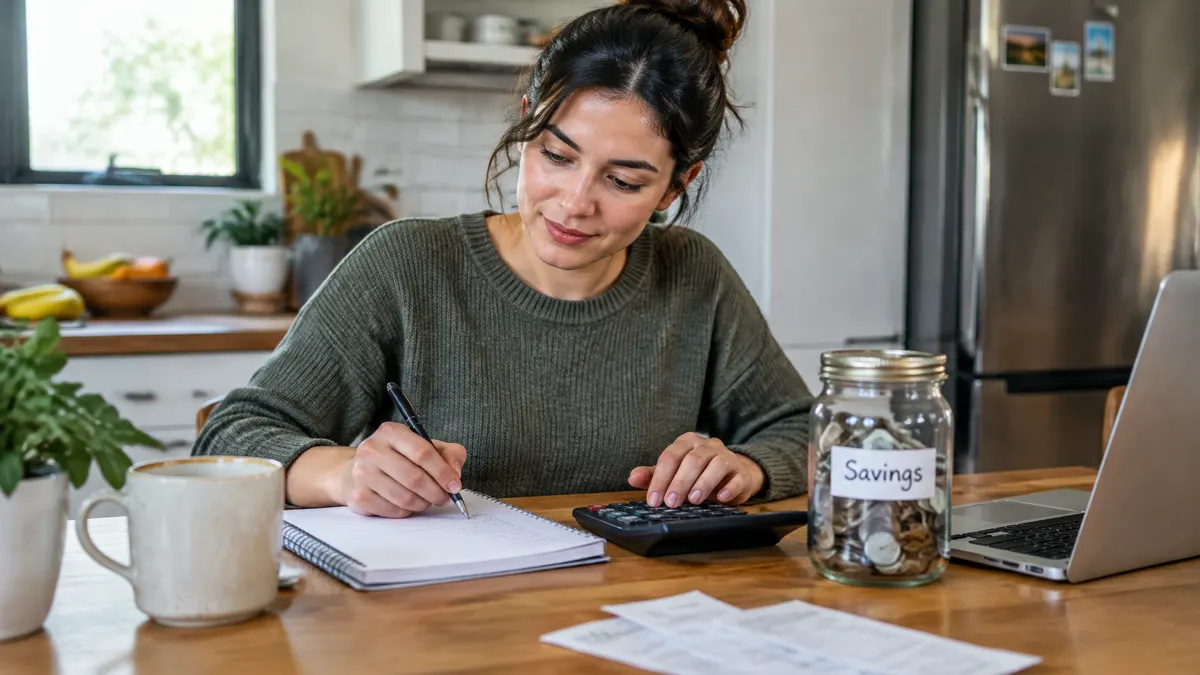 Woman budgeting at a table beside a jar labeled “Savings.”