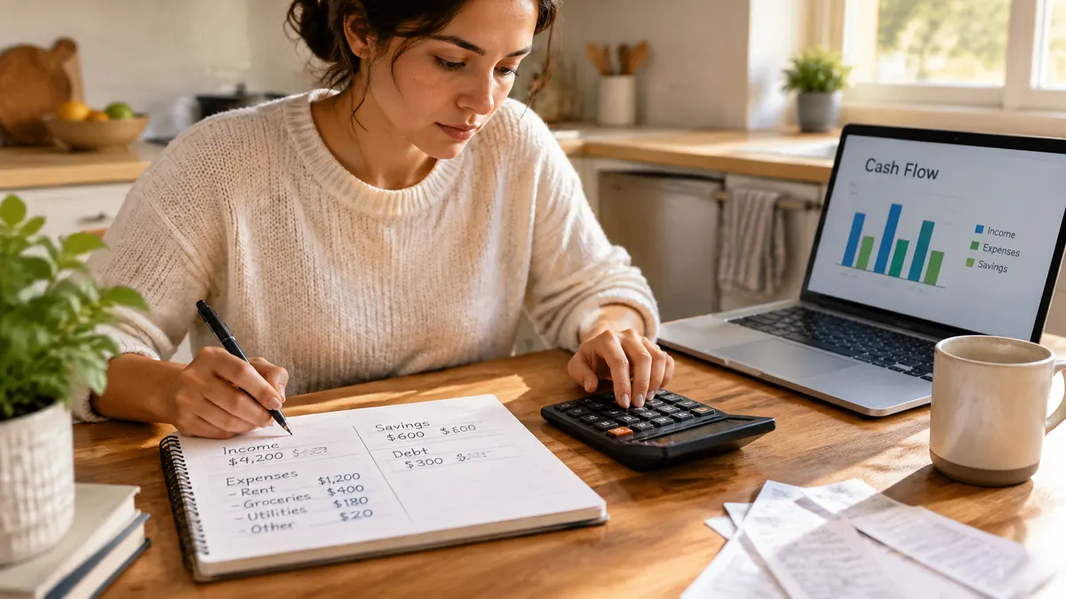 Woman tracks her budget in a notebook beside a calculator and cash flow chart.