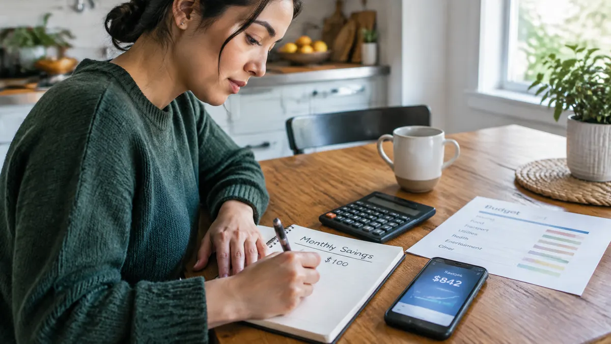Woman records a monthly savings goal beside a calculator and budget sheet.