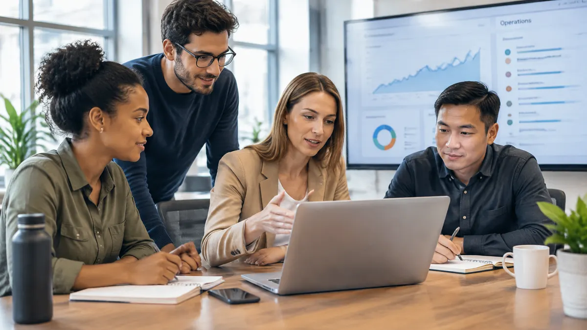Photographic image of a founder working alongside a capable team in a bright, modern office