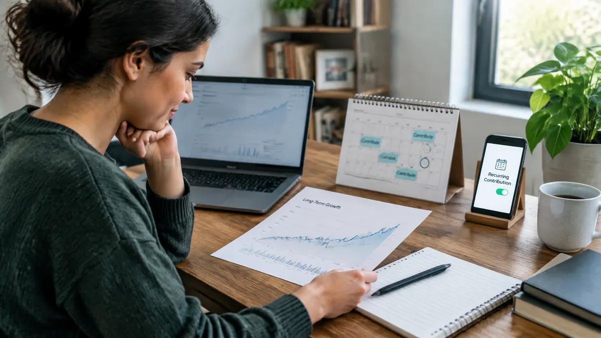 Woman reviewing investment growth charts and scheduling recurring contributions at her desk.
