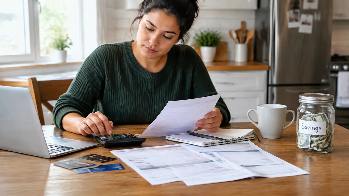Woman reviews bills with a calculator beside a laptop and a savings jar.