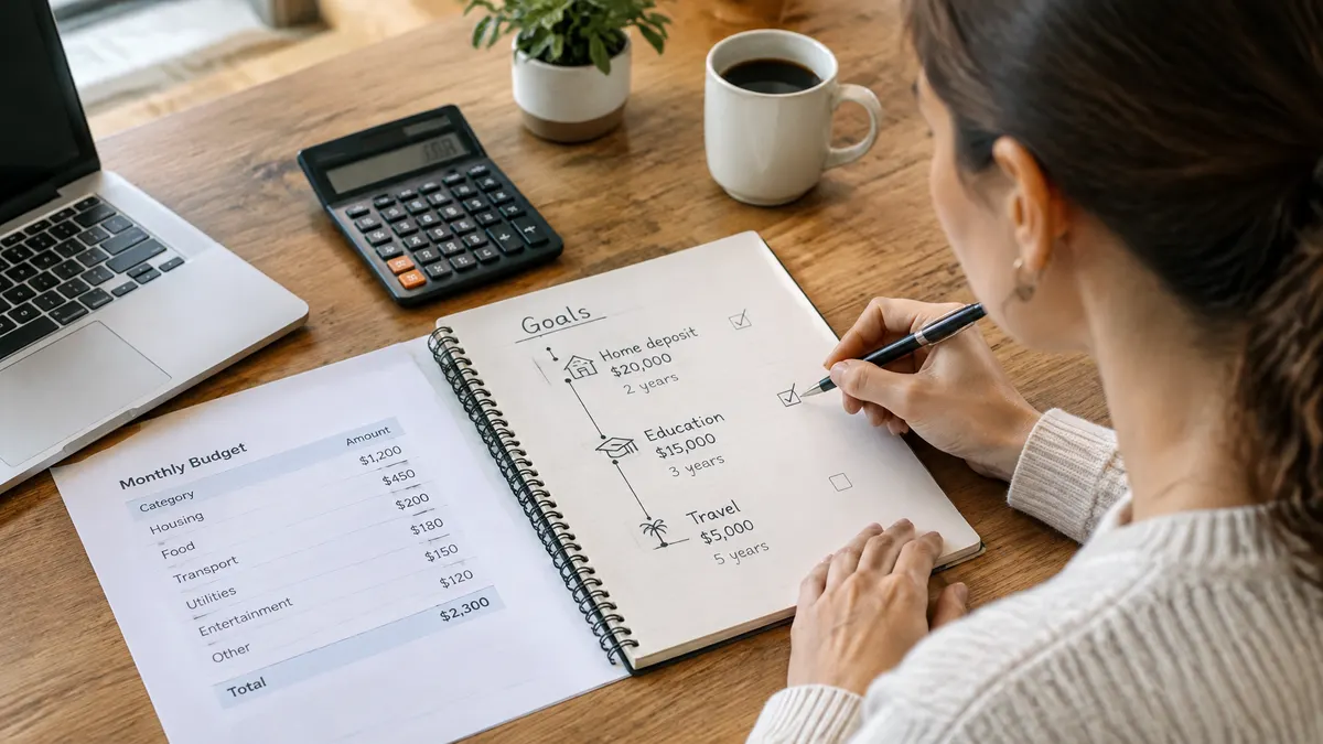 A woman checks financial goals in a notebook beside a monthly budget sheet and calculator.