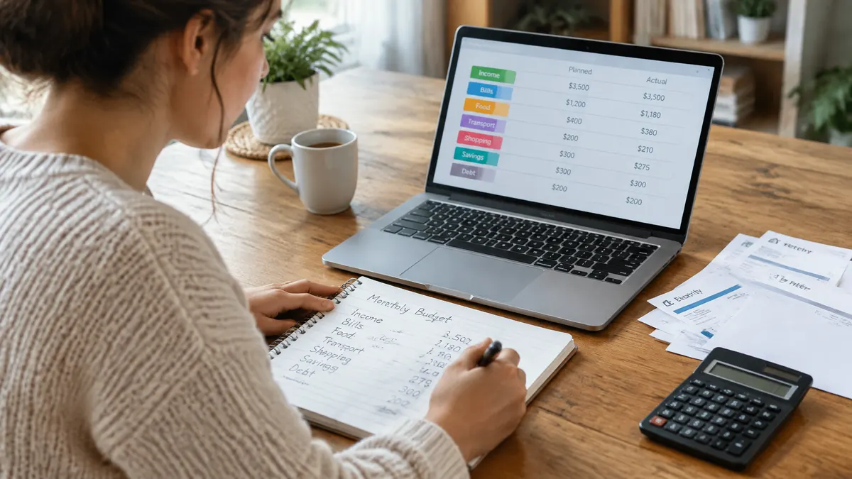 Woman tracking monthly expenses in a notebook beside a budgeting spreadsheet on her laptop.