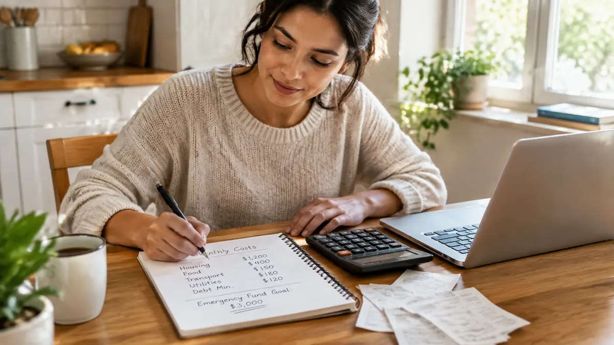 Woman budgeting monthly expenses and an emergency fund goal with a notebook, calculator, and laptop.